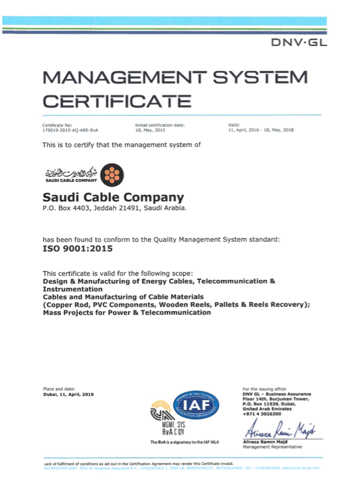 SCC is the First Cable Manufacturer in Middle East to achieve ISO 9001:2015